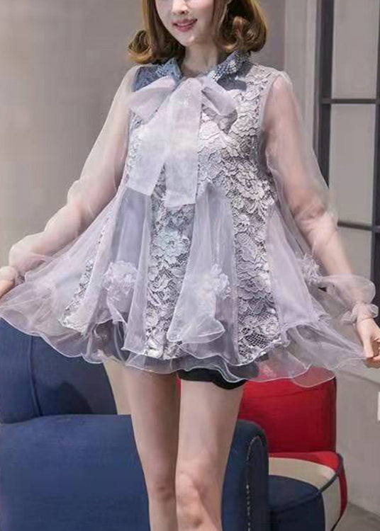 Stylish silver Ruffled Patchwork organza Tops Spring