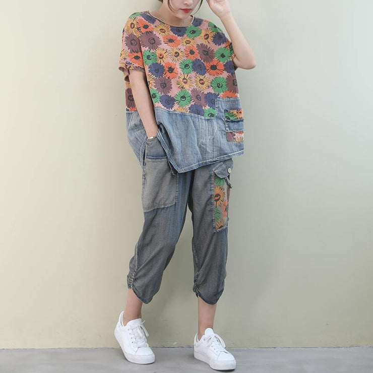 Summer 2021 new loose large size fan printed washed denim suit - bagstylebliss
