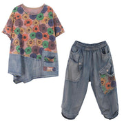 Summer 2021 new loose large size fan printed washed denim suit - bagstylebliss