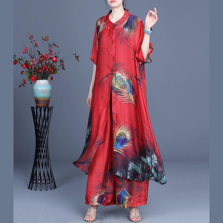 Summer 2021 Loose Silk Red Print Coat + Two Piece Pants - bagstylebliss