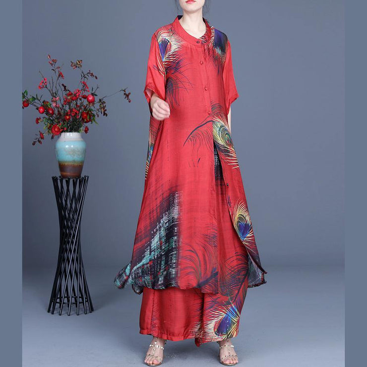 Summer 2021 Loose Silk Red Print Coat + Two Piece Pants - bagstylebliss