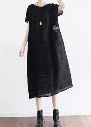 Summer Black Cotton Hemp Embroidered Oversized Dress - bagstylebliss