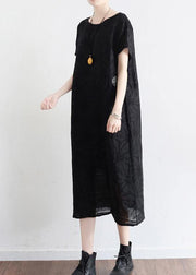 Summer Black Cotton Hemp Embroidered Oversized Dress - bagstylebliss