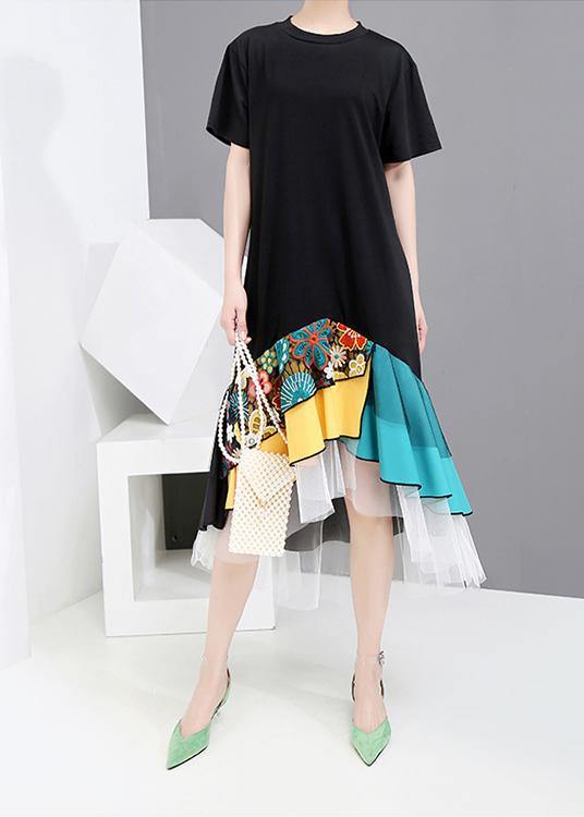 Summer Casual Black Colorful Printed Hem Dress - bagstylebliss