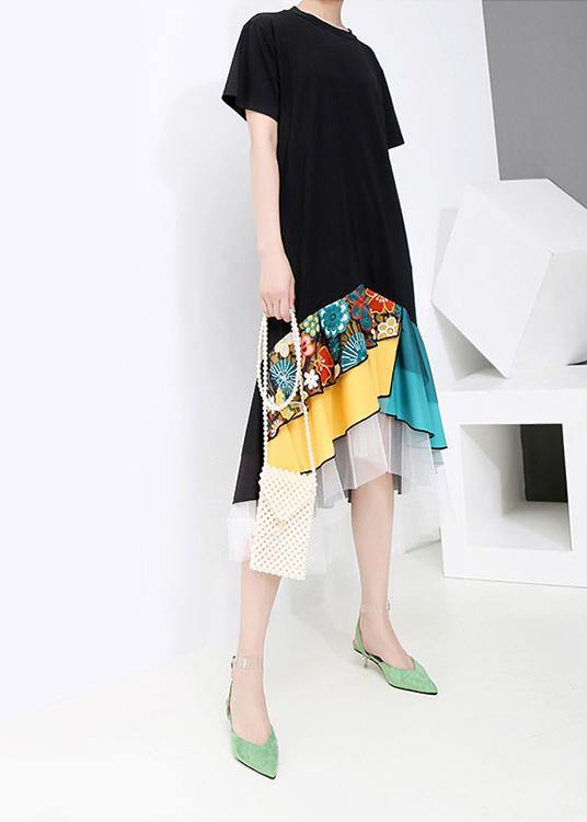 Summer Casual Black Colorful Printed Hem Dress - bagstylebliss