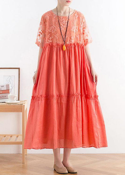 Summer French Orange Patchwork O-Neck Cotton Long Dresses - bagstylebliss