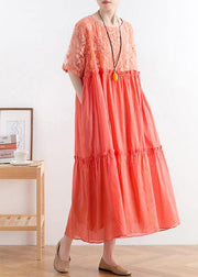 Summer French Orange Patchwork O-Neck Cotton Long Dresses - bagstylebliss