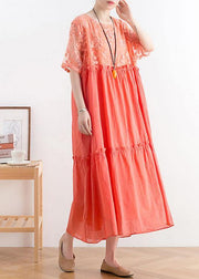Summer French Orange Patchwork O-Neck Cotton Long Dresses - bagstylebliss