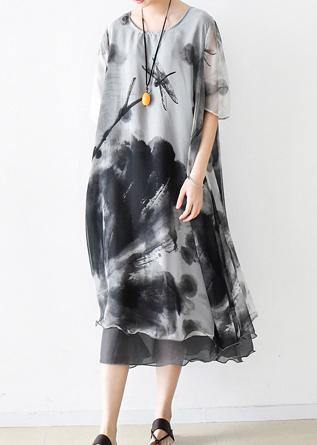 Summer Grey Print Chiffon Women Short Sleeve Dress - bagstylebliss
