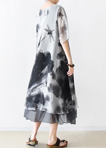 Summer Grey Print Chiffon Women Short Sleeve Dress - bagstylebliss