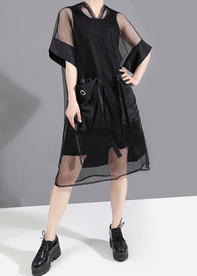 Summer Woman Black Mesh Hooded Dress - bagstylebliss