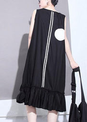 Summer Woman Black Sleeveless Large Dots Patches Ruffle Hem Straight Sundress - bagstylebliss