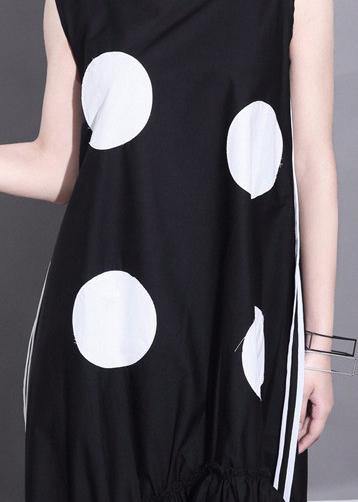 Summer Woman Black Sleeveless Large Dots Patches Ruffle Hem Straight Sundress - bagstylebliss