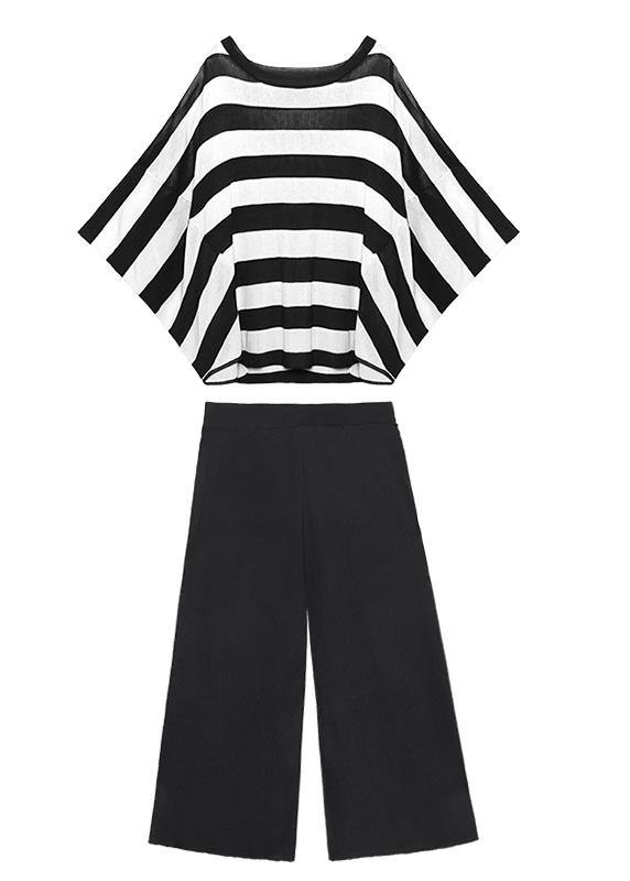 Summer casual fashion age reduction large size striped bat sleeve T-shirt + wide leg pants two-piece suit - bagstylebliss