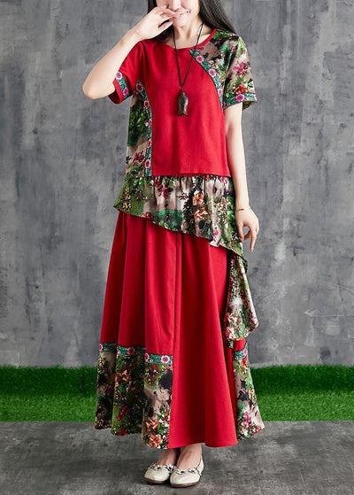 Summer cotton linen color stitching small fresh Chinese body temperament red print two-piece - bagstylebliss