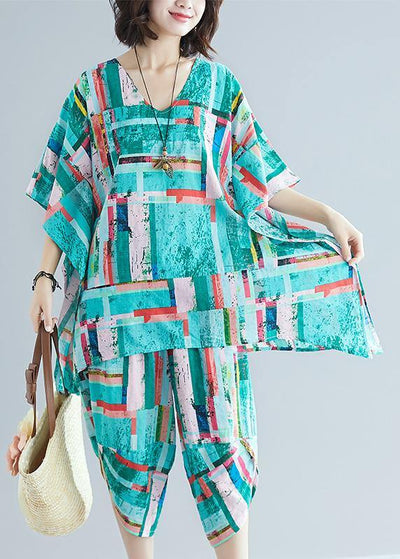 Summer dress women's art green print shirt + cotton and linen seven points casual pants - bagstylebliss