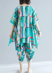 Summer dress women's art green print shirt + cotton and linen seven points casual pants - bagstylebliss