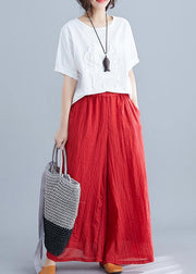 Summer ethnic wide-leg pants loose casual red trousers - bagstylebliss