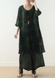 Summer green Chinese Button Print o Neck Silk Satin Top Wide Leg Pants Two Piece - bagstylebliss