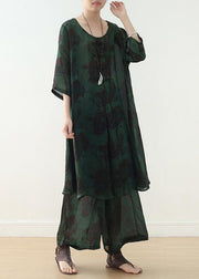 Summer green Chinese Button Print o Neck Silk Satin Top Wide Leg Pants Two Piece - bagstylebliss