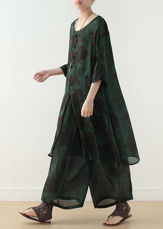 Summer green Chinese Button Print o Neck Silk Satin Top Wide Leg Pants Two Piece - bagstylebliss