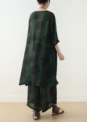 Summer green Chinese Button Print o Neck Silk Satin Top Wide Leg Pants Two Piece - bagstylebliss