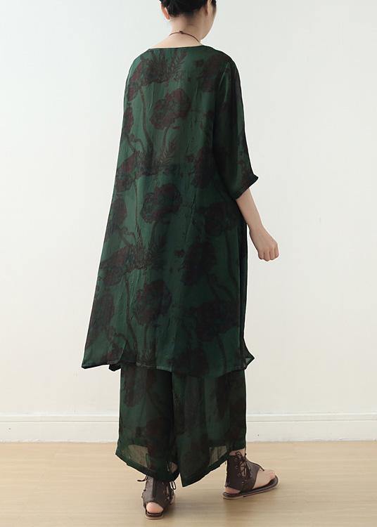 Summer green Chinese Button Print o Neck Silk Satin Top Wide Leg Pants Two Piece - bagstylebliss