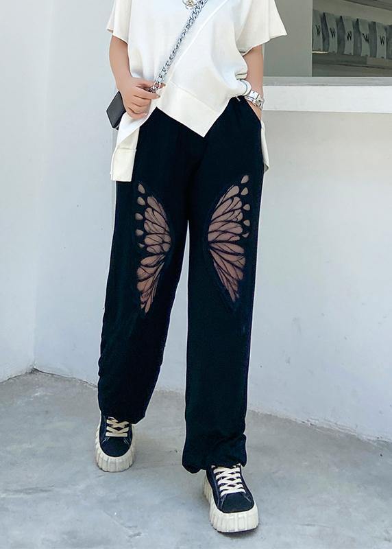 Summer high waist thin big pants women black butterfly pattern Harlan casual trousers - bagstylebliss