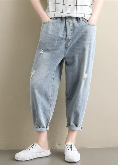 Summer literary large size elastic waist hole thin section light blue nine points casual jeans - bagstylebliss