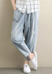 Summer literary large size elastic waist hole thin section light blue nine points casual jeans - bagstylebliss