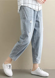 Summer literary large size elastic waist hole thin section light blue nine points casual jeans - bagstylebliss