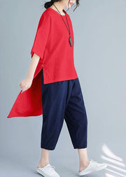 Summer loose large size solid color wild five-point sleeve red shirt harem pants suit - bagstylebliss