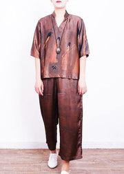 Summer new brown print loose loose shirt + wide leg pants set - bagstylebliss