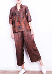 Summer new brown print loose loose shirt + wide leg pants set - bagstylebliss