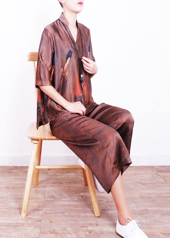 Summer new brown print loose loose shirt + wide leg pants set - bagstylebliss