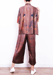 Summer new brown print loose loose shirt + wide leg pants set - bagstylebliss