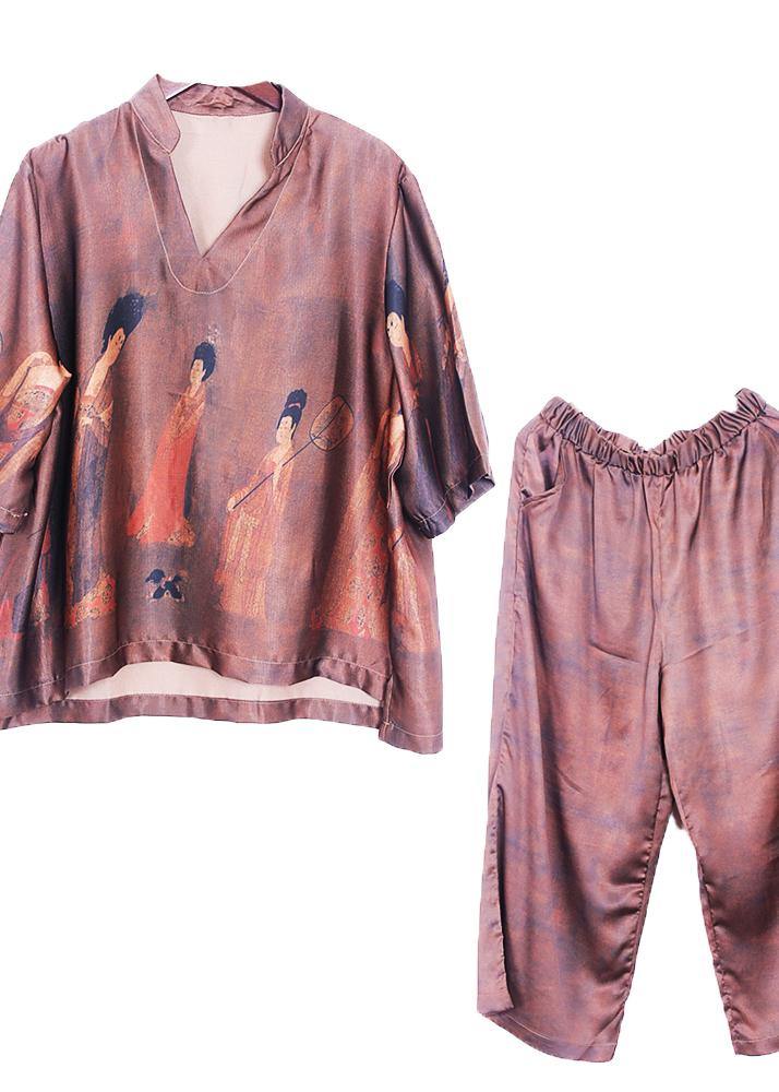 Summer new brown print loose loose shirt + wide leg pants set - bagstylebliss