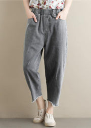 Summer new literary large size gray trousers loose elastic waist casual nine points jeans - bagstylebliss