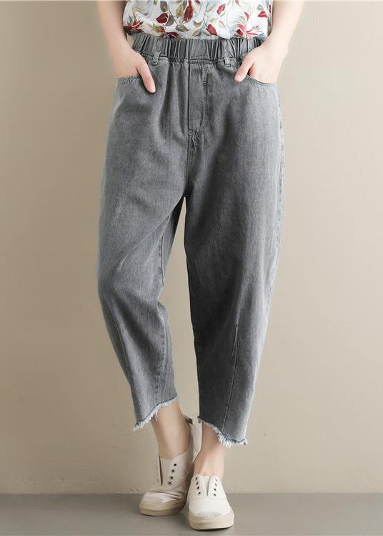 Summer new literary large size gray trousers loose elastic waist casual nine points jeans - bagstylebliss