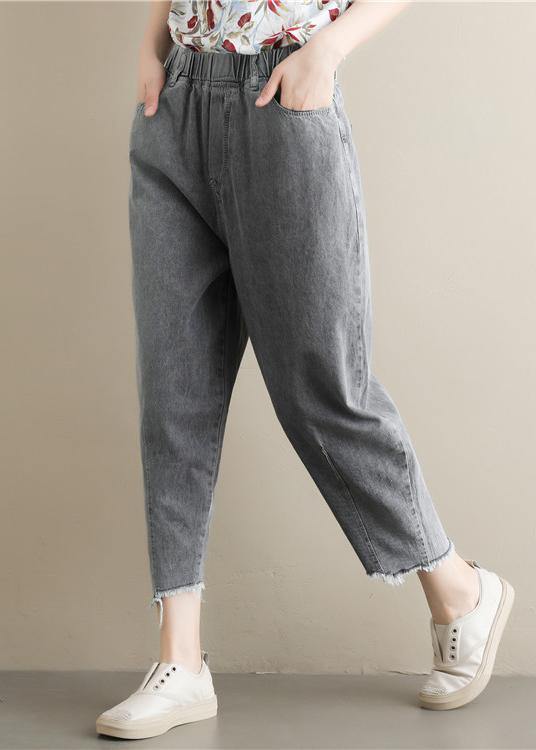 Summer new literary large size gray trousers loose elastic waist casual nine points jeans - bagstylebliss