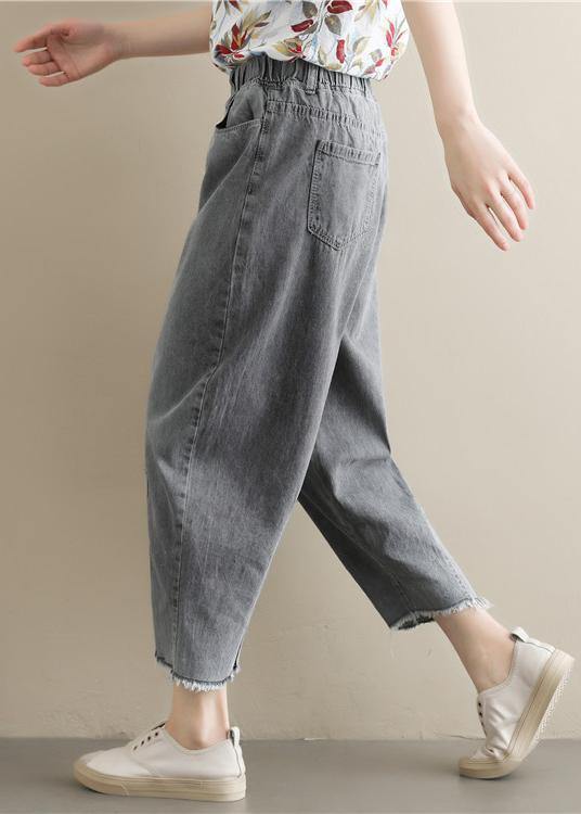 Summer new literary large size gray trousers loose elastic waist casual nine points jeans - bagstylebliss