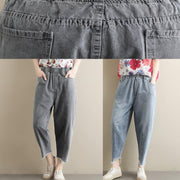 Summer new literary large size gray trousers loose elastic waist casual nine points jeans - bagstylebliss