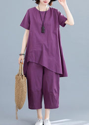 Summer new loose large size women's purple fashion irregular short-sleeved shirt + pants casual cotton and linen - bagstylebliss