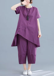 Summer new loose large size women's purple fashion irregular short-sleeved shirt + pants casual cotton and linen - bagstylebliss