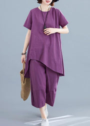 Summer new loose large size women's purple fashion irregular short-sleeved shirt + pants casual cotton and linen - bagstylebliss