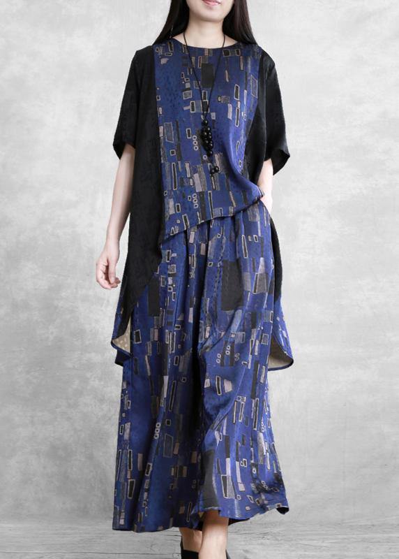 Summer new stitching suit wide irregular ethnic blue printing two-piece - bagstylebliss