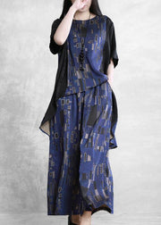 Summer new stitching suit wide irregular ethnic blue printing two-piece - bagstylebliss