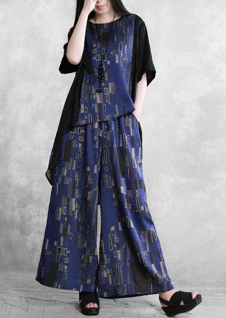 Summer new stitching suit wide irregular ethnic blue printing two-piece - bagstylebliss