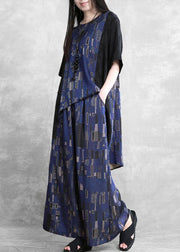 Summer new stitching suit wide irregular ethnic blue printing two-piece - bagstylebliss