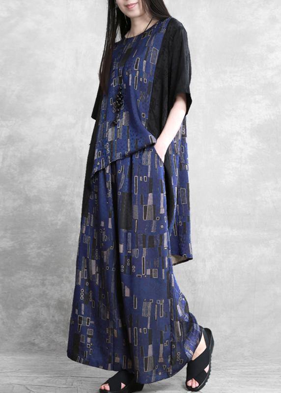 Summer new stitching suit wide irregular ethnic blue printing two-piece - bagstylebliss